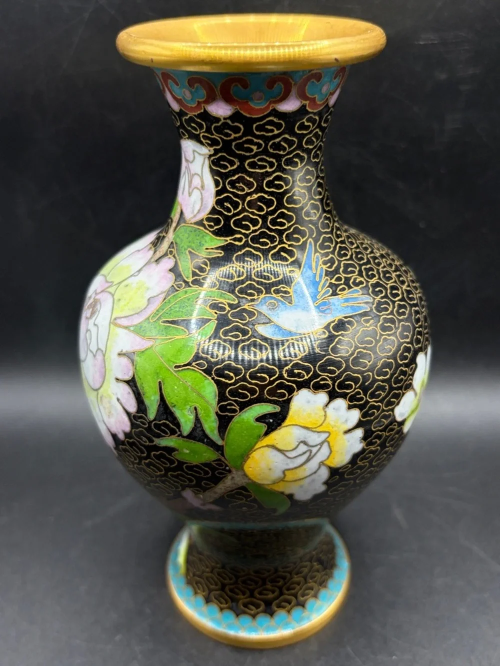 Vintage Floral Bird Black Multicolor Cloisonné Vase Vessel Asian Arts Decor - Picture 2 of 9